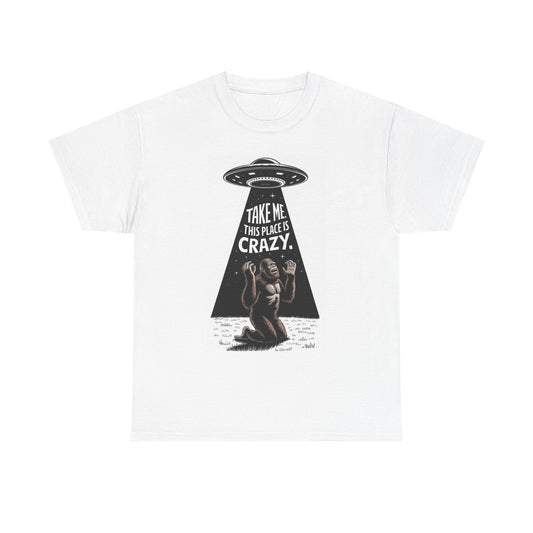 Funny Bigfoot Alien Abduction Graphic T Shirt Jokes Unisex Heavy Cotton Tee