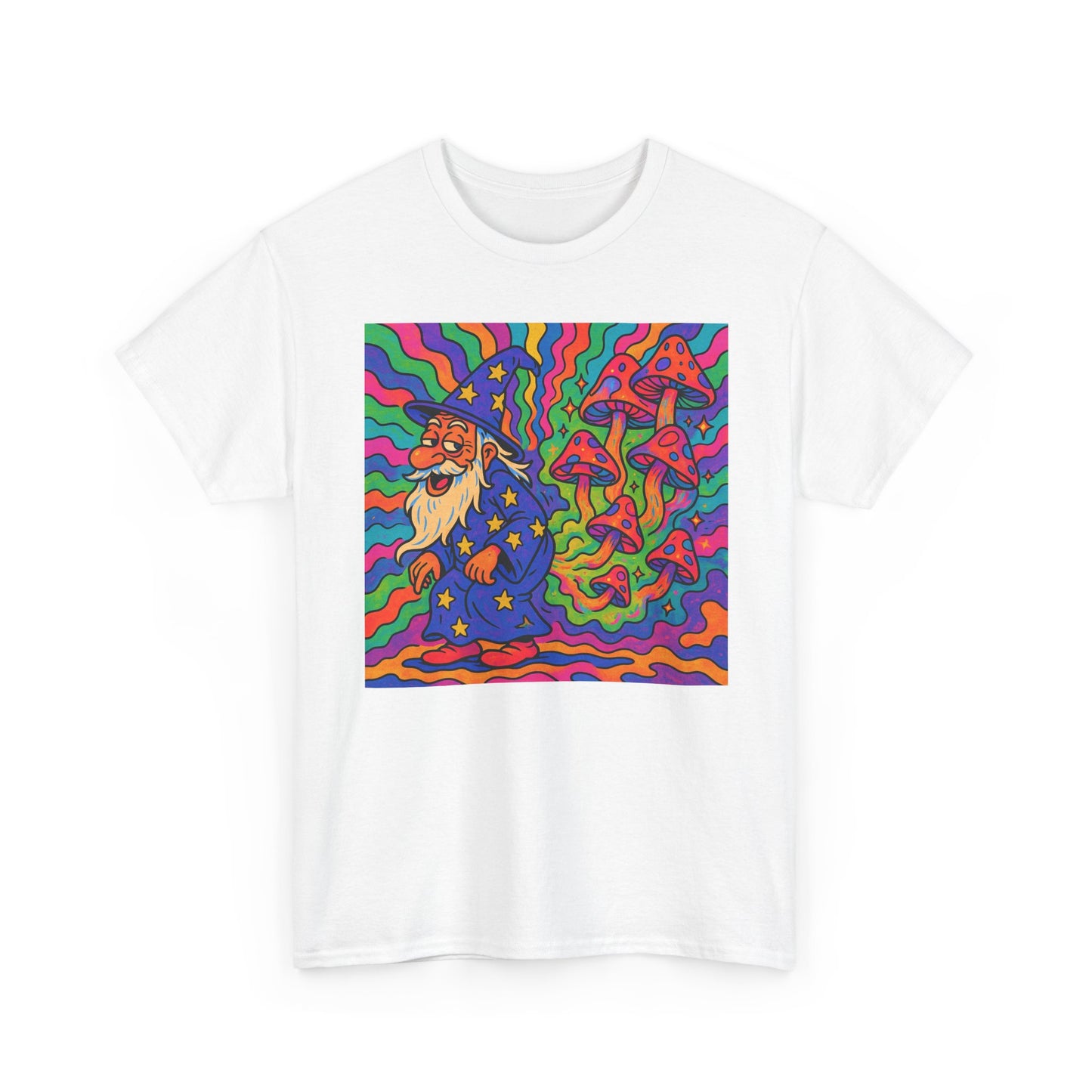 Wizard With Trippy Mushrooms Funny Graphic T Shirt Unisex Heavy Cotton Tee