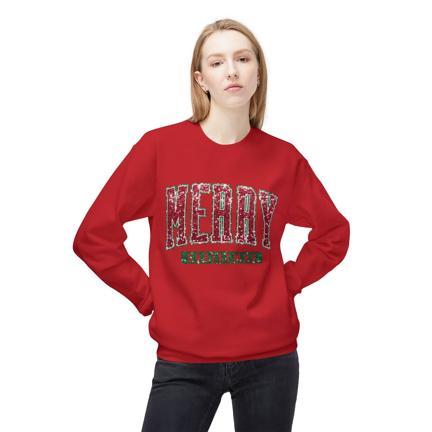 Merry Christmas Glitter Graphic Sweater NEW Unisex Fleece Crewneck Sweatshirt