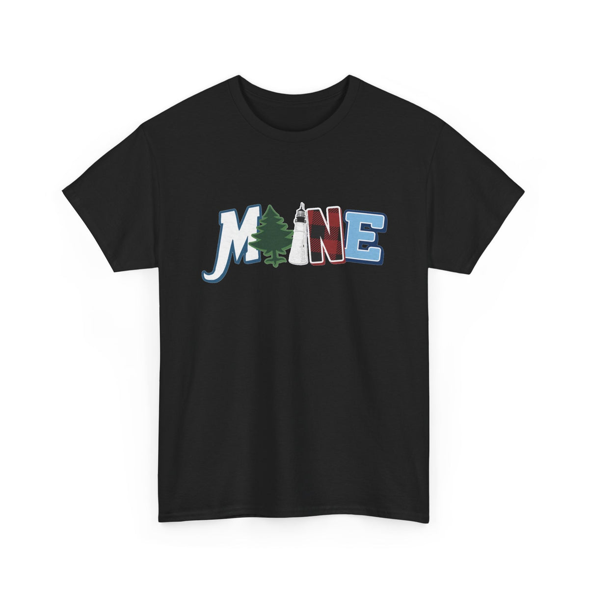 Maine Typography Tee | State Outline, Pine Tree, Lighthouse Men's Graphic T Shirt
