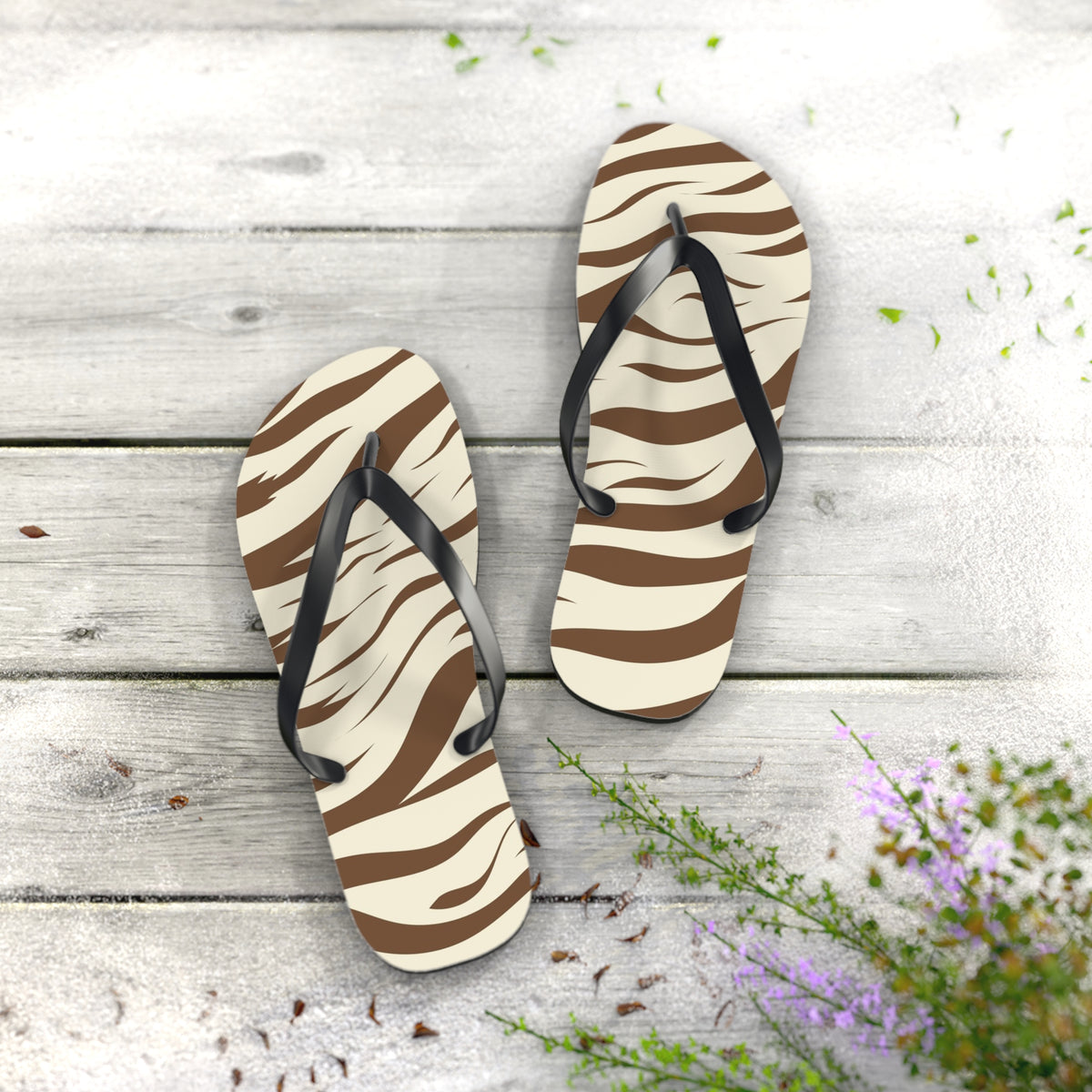 Brown Zebra Print Beach Sandals, Slides for Summer, Flip Flops, Water Resistant