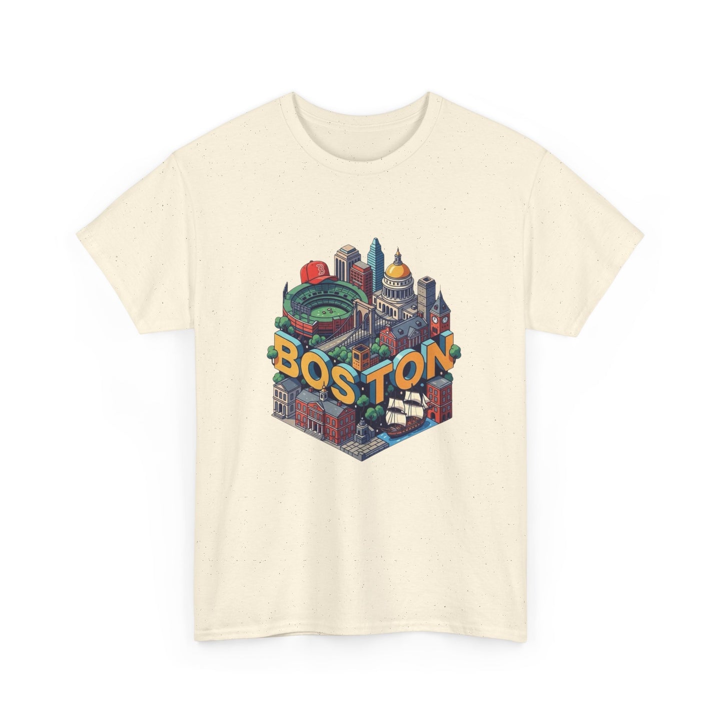 Boston Mass landmarks Retro Graphic T Shirt NEW GIFT Unisex Heavy Cotton Tee
