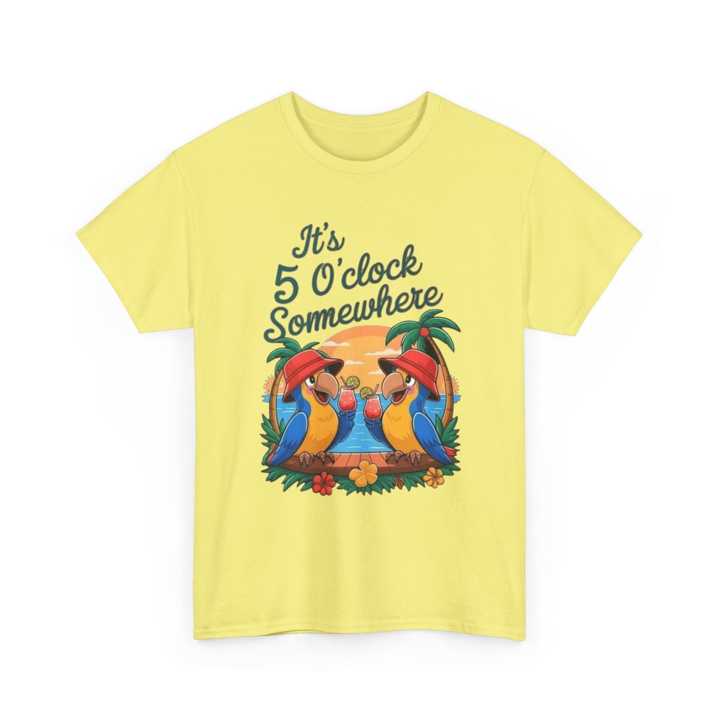 Its Five O'clock Somewhere Parrot Head Graphic T-Shirt Unisex Heavy Cotton Tee
