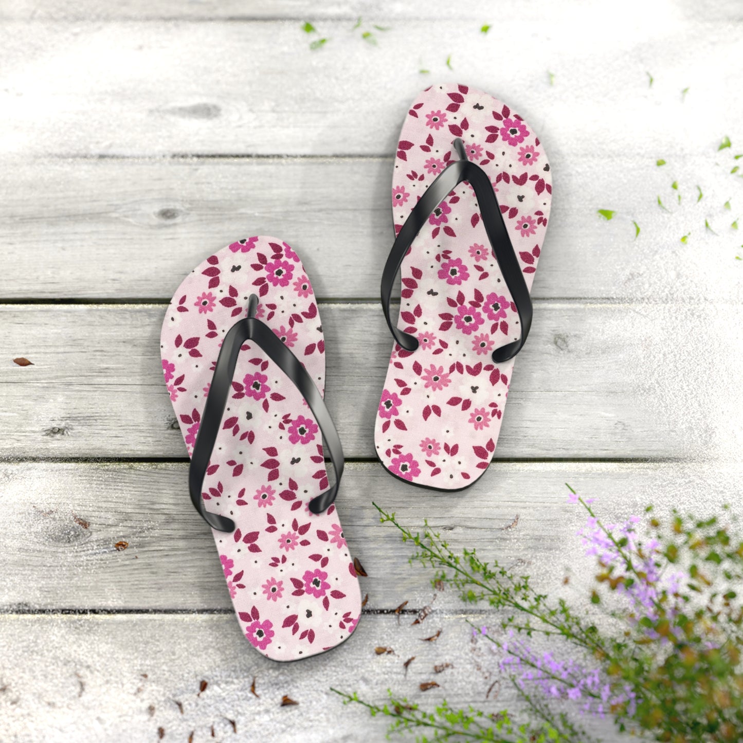 Waves And Sun Sandals Red And Pink Flowers Summer Flip Flops Slides BRAND NEW