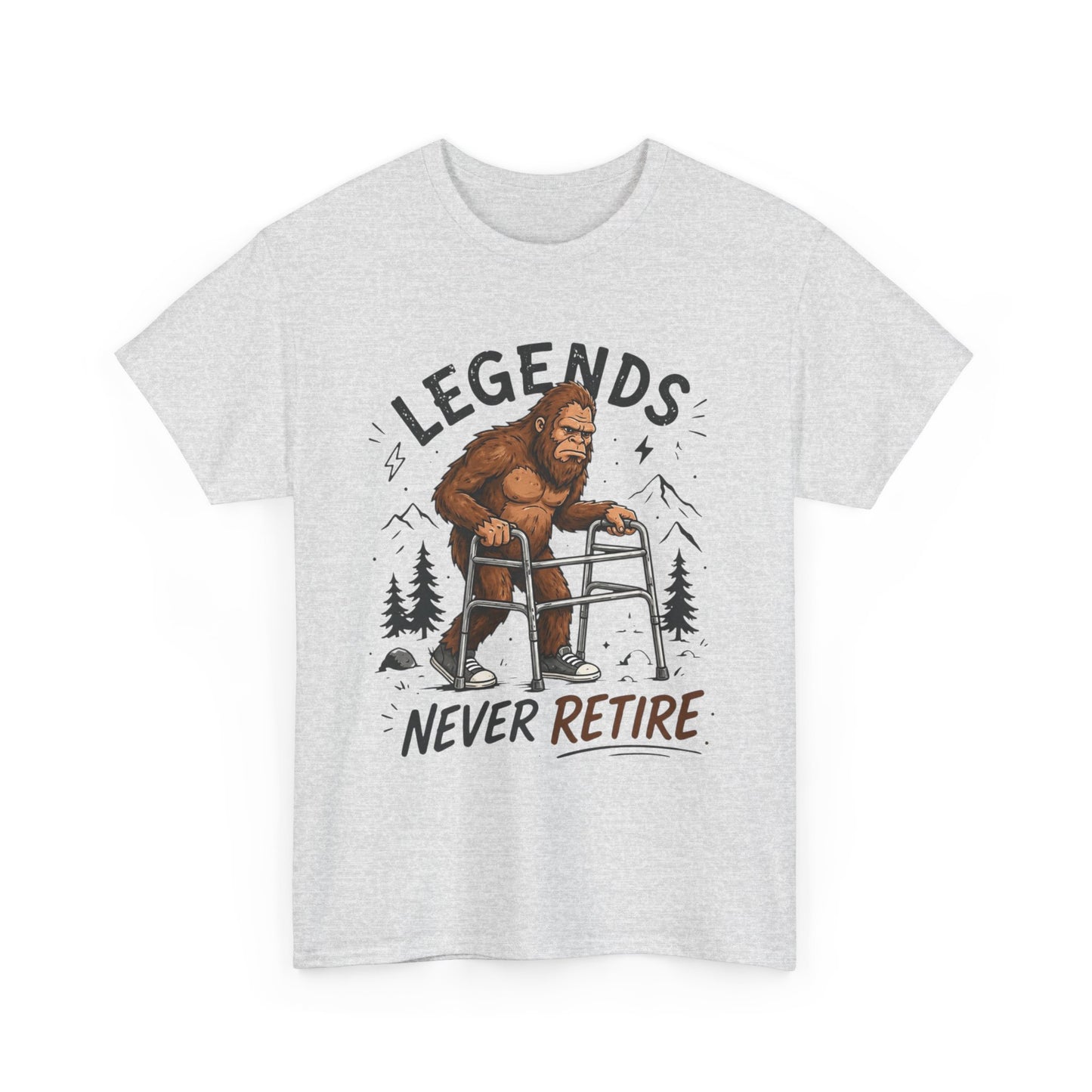 Bigfoot Legends Never Retire Graphic T Shirt Funny Men's Heavy Cotton Tee