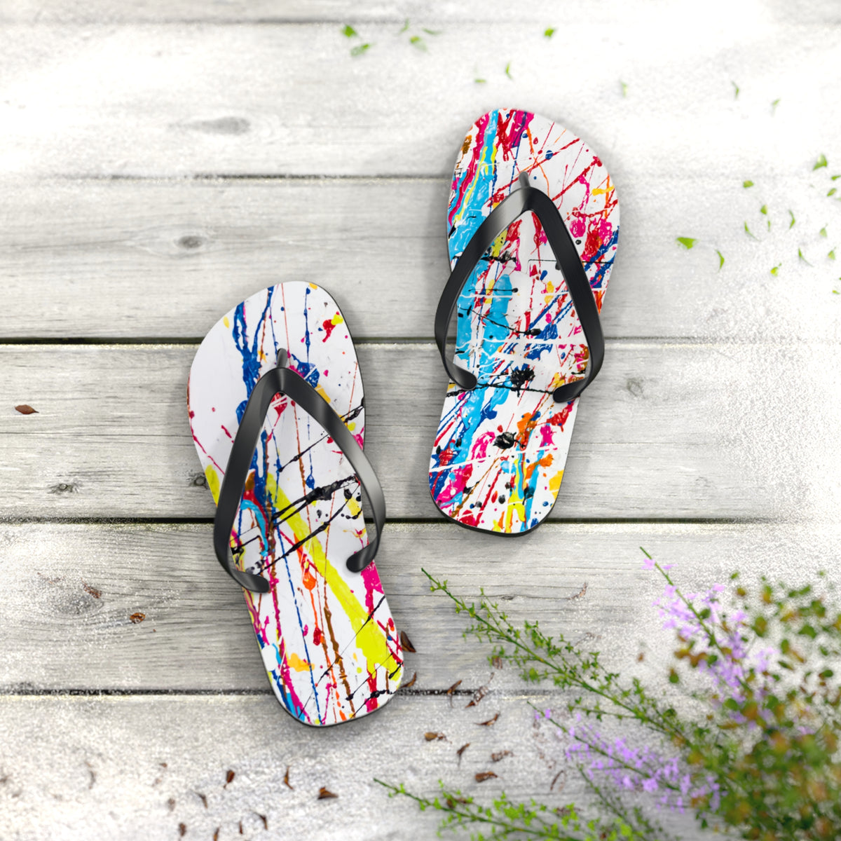 Waves And Sun Sandals Paint Splatter Summer Flip Flops Slides BRAND NEW