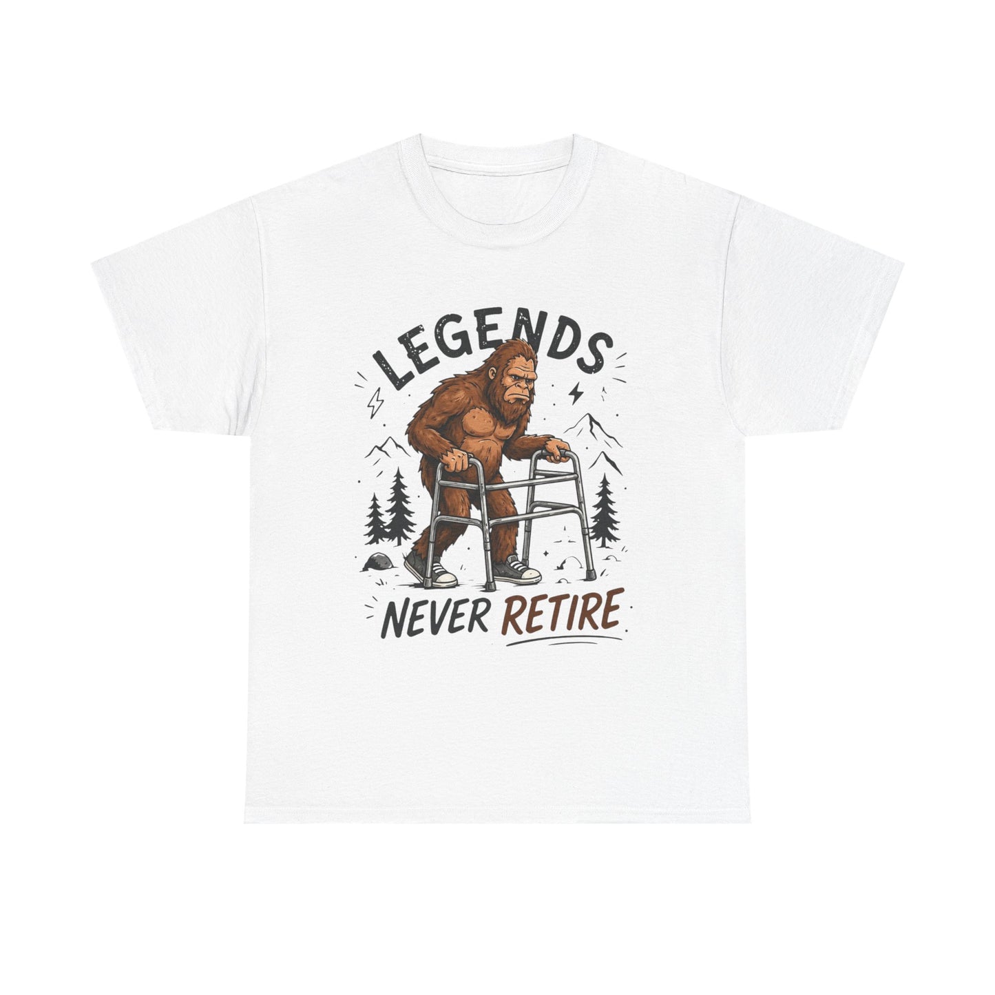 Bigfoot Legends Never Retire Graphic T Shirt Funny Men's Heavy Cotton Tee