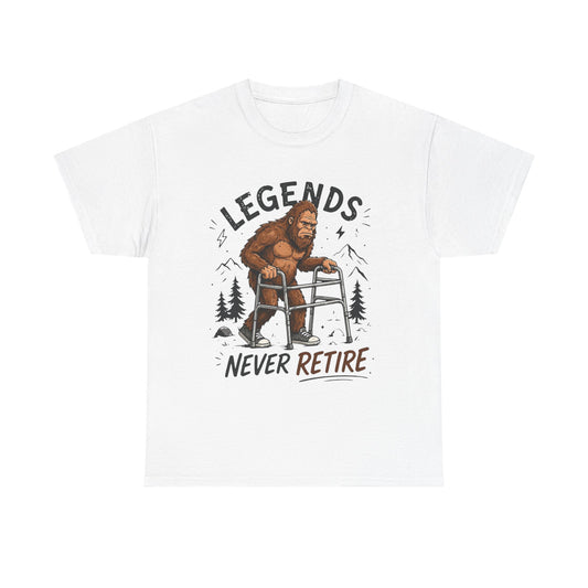 Bigfoot Legends Never Retire Graphic T Shirt Funny Men's Heavy Cotton Tee