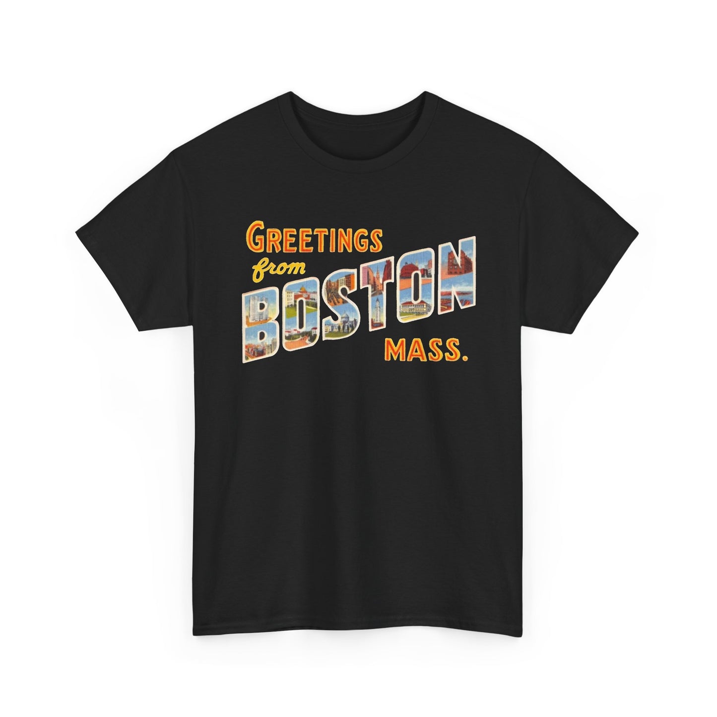 Boston T-shirt vintage postcard skyline retro Dunkin’s Unisex Heavy Cotton Tee