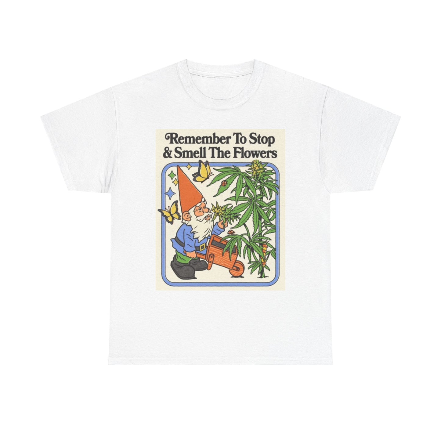 Smell The Flowers Gnome Funny Graphic T Shirt Pot Weed Unisex Heavy Cotton Tee
