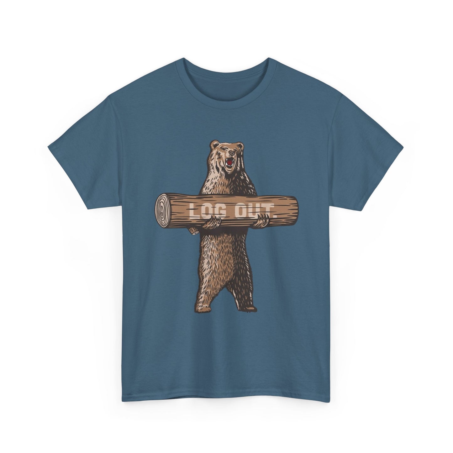 Log Out Bear Vacation Camping T Shirt Graphic Men's Heavy Cotton Tee