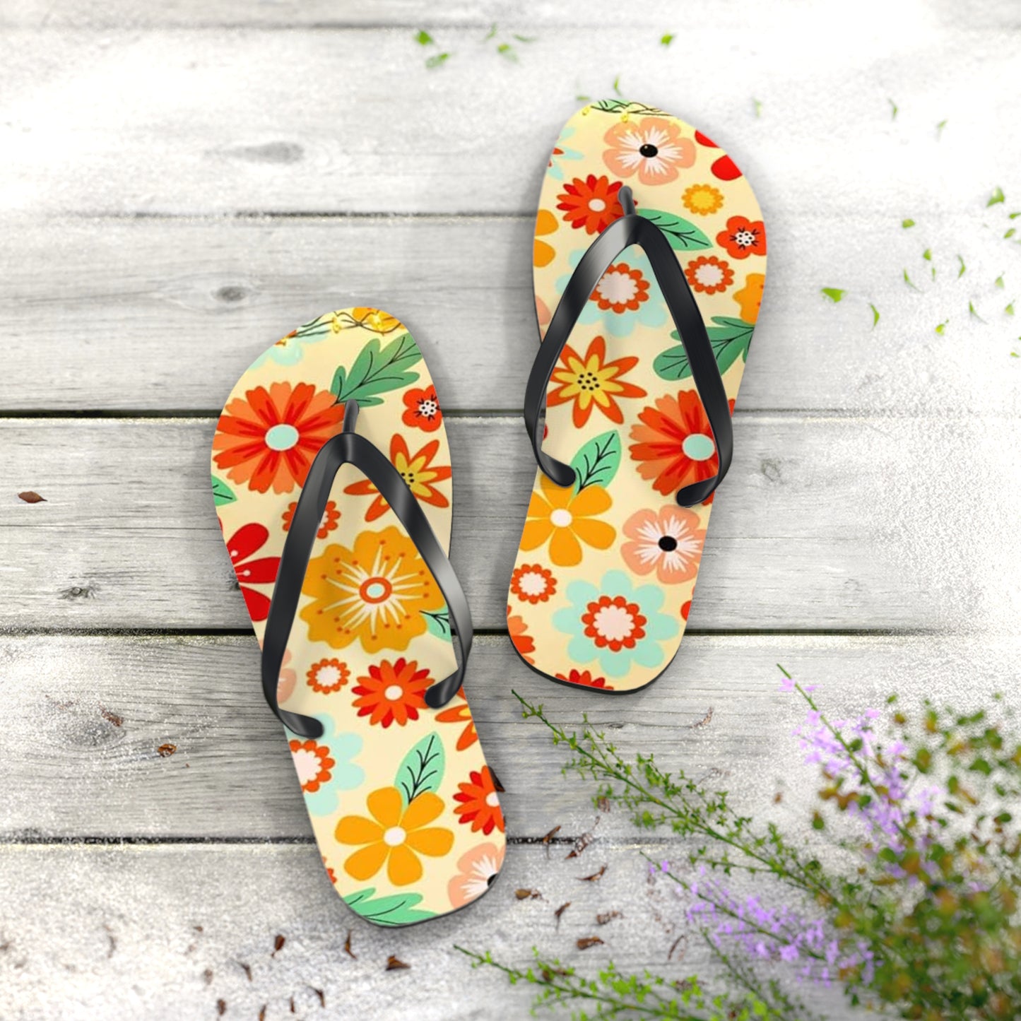 Waves And Sun Sandals Tropical Flowers Summer Flip Flops Slides BRAND NEW