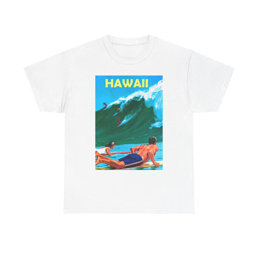 Hawaii Surfing Graphic T Shirt Vintage Poster Unisex Heavy Cotton Tee