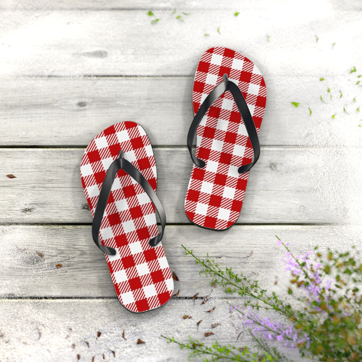 Red And White Checkered Sandals, Beach Shoes, Vacation Flip Flops, Pool Slides