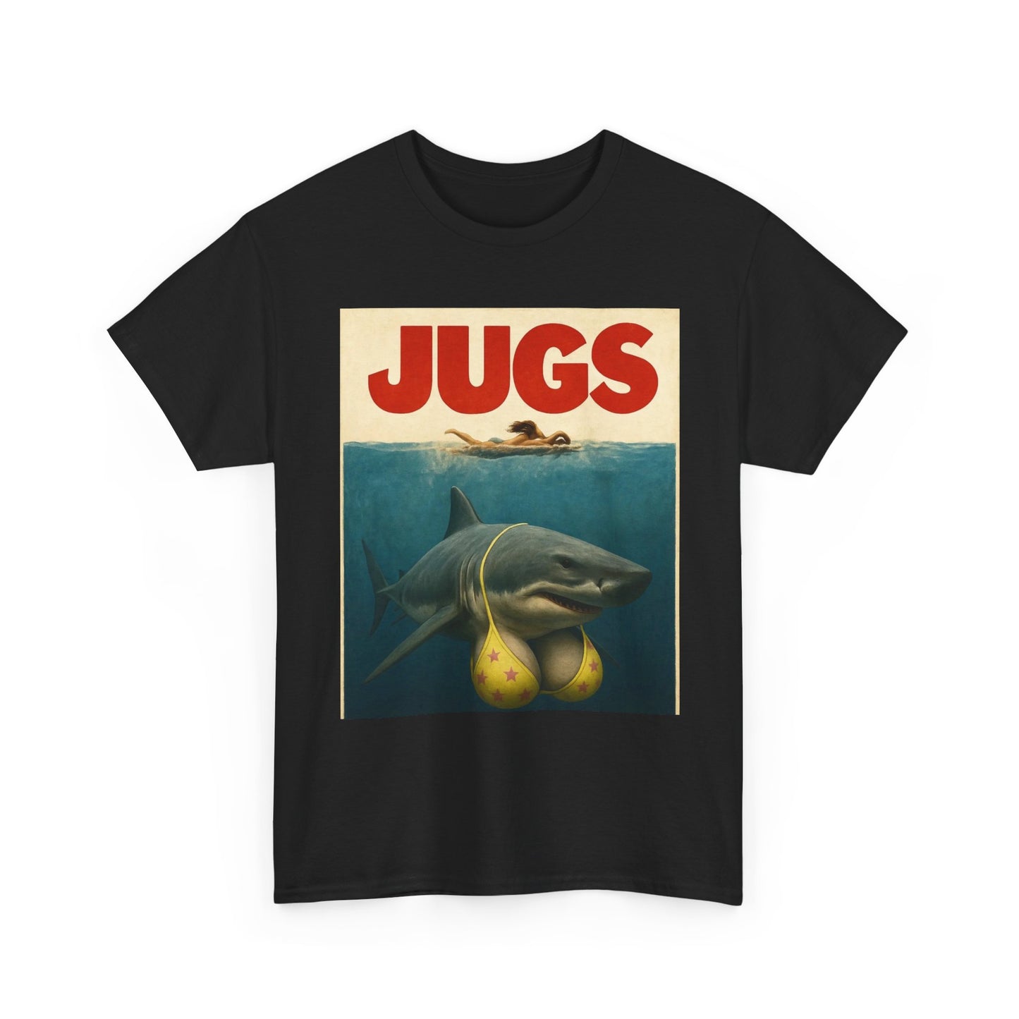 Jaws Parody Jugs Funny Shark Boobs Graphic T-Shirt Unisex Heavy Cotton Tee NEW