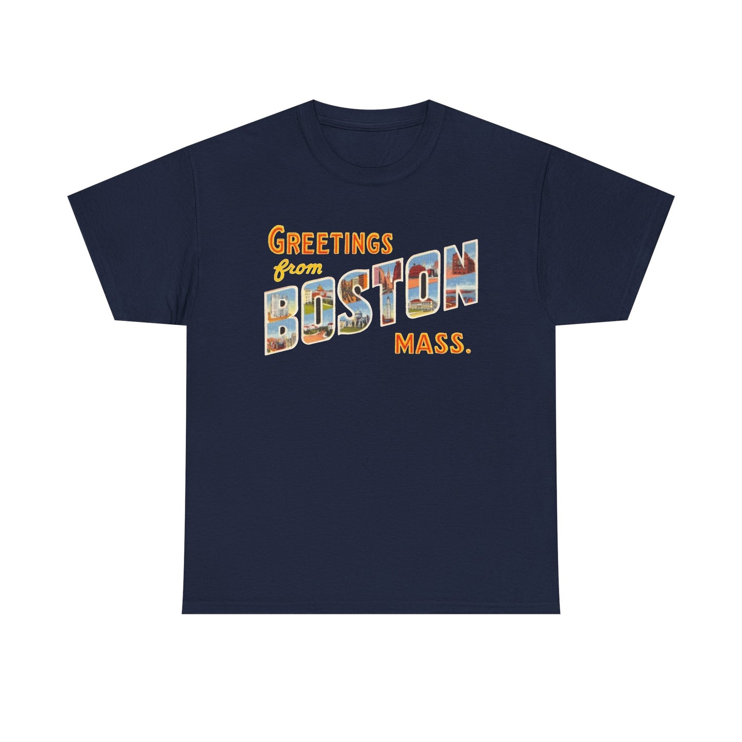 Boston T-shirt vintage postcard skyline retro Dunkin’s Unisex Heavy Cotton Tee