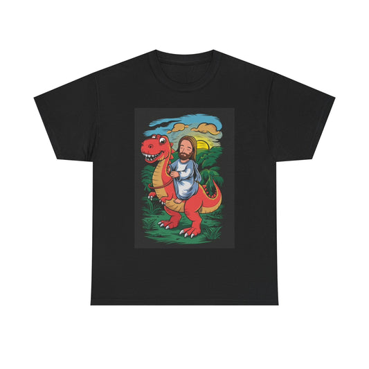 Jesus On A Dinosaur Shirt Funny Graphic Unisex Heavy Cotton Tee