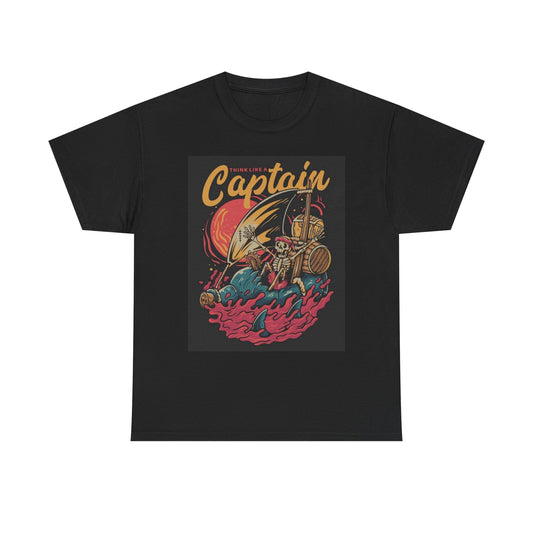 Think Like A Captain Graphic T Shirt Funny Rum Ocean Skeleton Heavy Cotton Tee