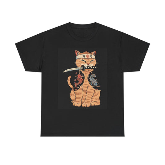 Samurai Kitty Funny Graphic T Shirt Unisex Heavy Cotton Tee