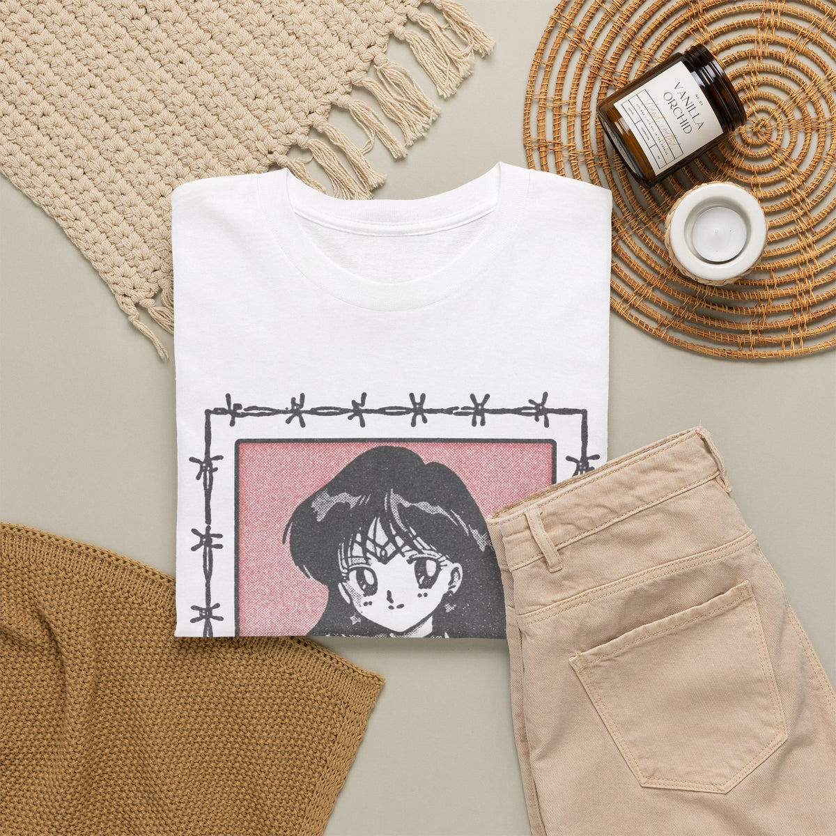 Gothic Anime Girl Barbed Wire Frame T-Shirt Men's Graphic Tee