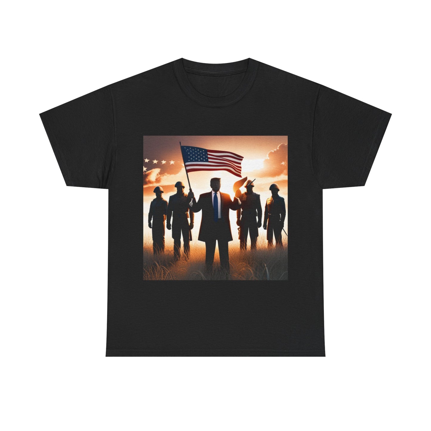 Trump Waving American Flag Military Tshirt Drawing Graphic Unisex Heavy Cotton
