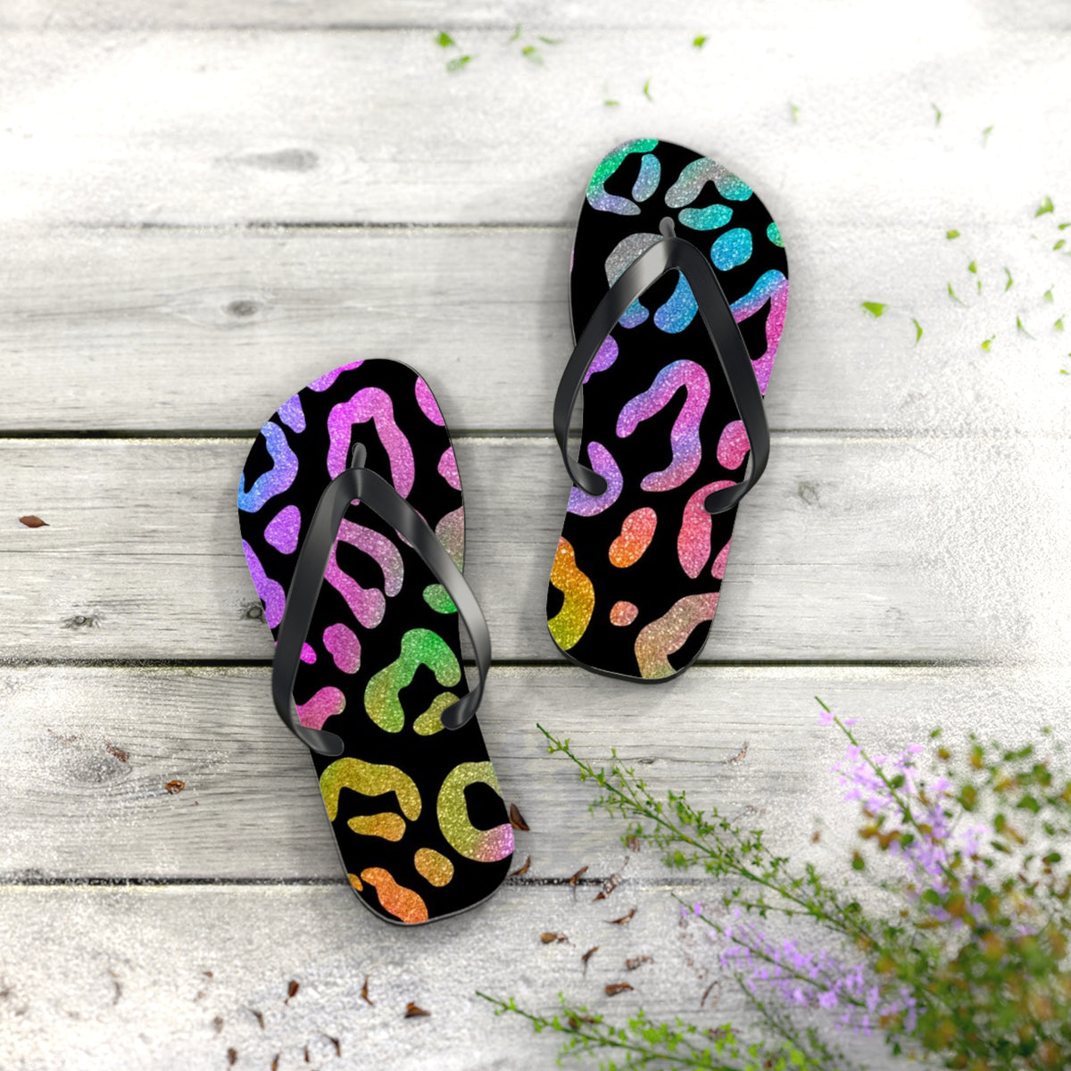 Glitter Cheetah Beach Sandals, Slides for Summer, Flip Flops, Water Resistant