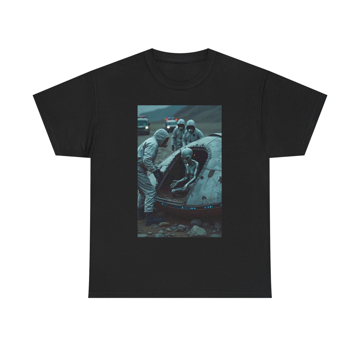 UFO Encounter Graphic T Shirt Outerspace Aliens Unisex Heavy Cotton Tee
