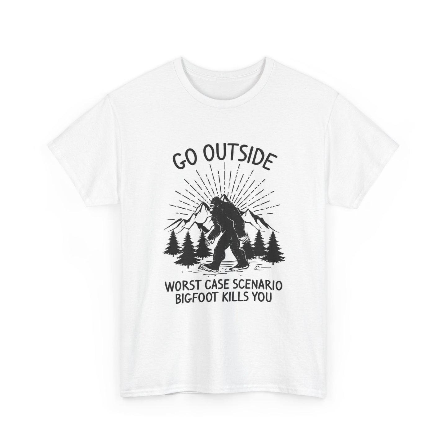 Go Outside Bigfoot Graphic T Shirt Outdoors Funny Unisex Heavy Cotton Tee