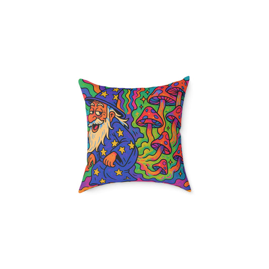 Funny Pillow Wizard With Magic Mushrooms 70s Vibes Square Poly Canvas Pillow