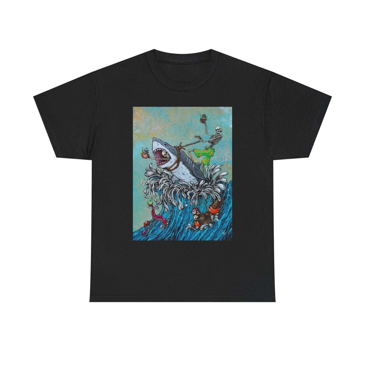 Shark Surfing Graphic T Shirt Funny Unisex Heavy Cotton Tee