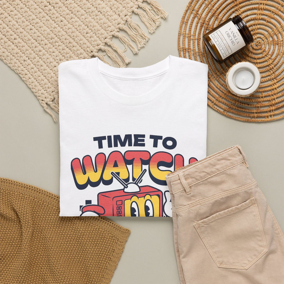 Time To Watch Tv Retro Graphic T Shirt Men's Heavy Cotton Tee
