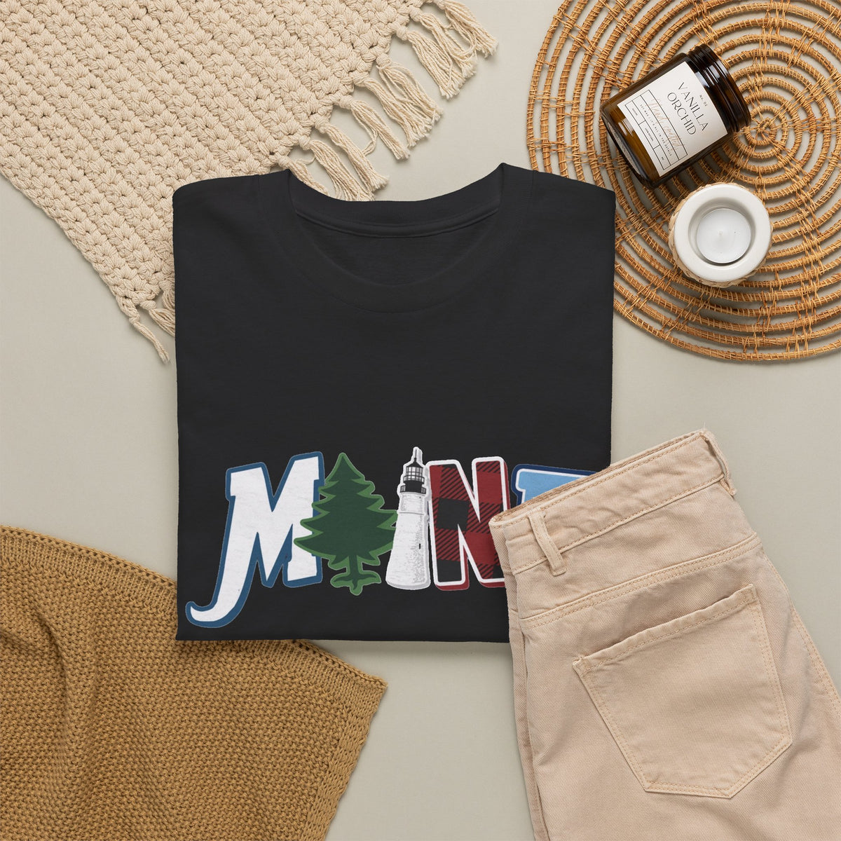 Maine Typography Tee | State Outline, Pine Tree, Lighthouse Men's Graphic T Shirt