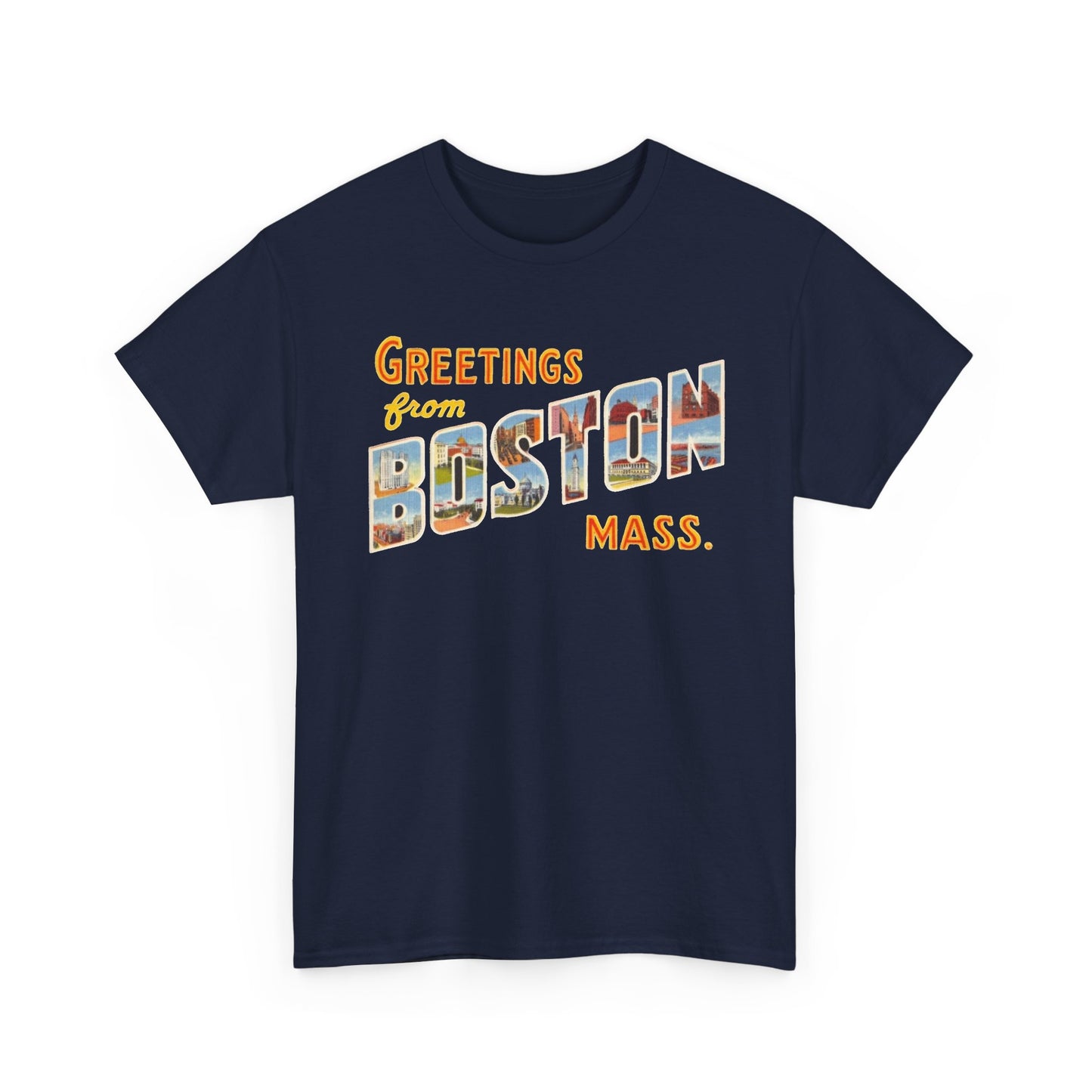 Boston T-shirt vintage postcard skyline retro Dunkin’s Unisex Heavy Cotton Tee