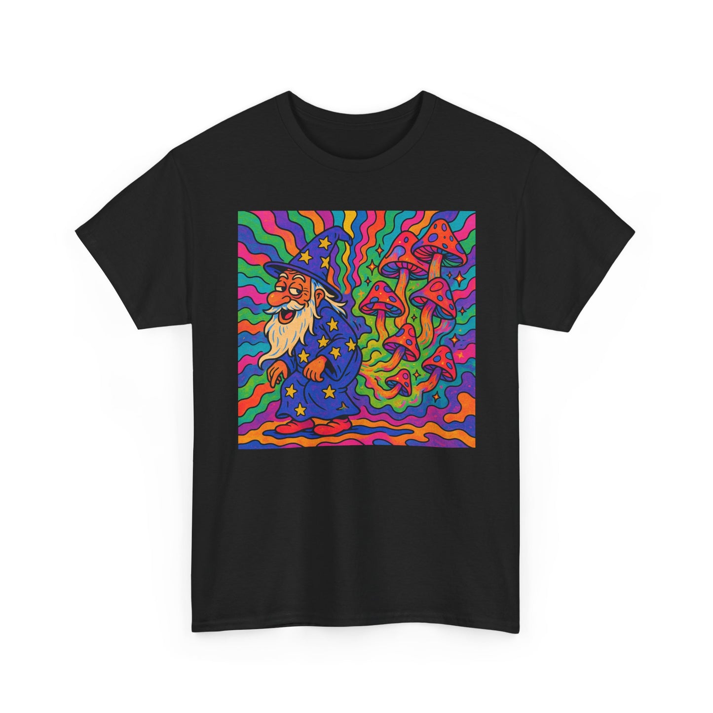 Wizard With Trippy Mushrooms Funny Graphic T Shirt Unisex Heavy Cotton Tee