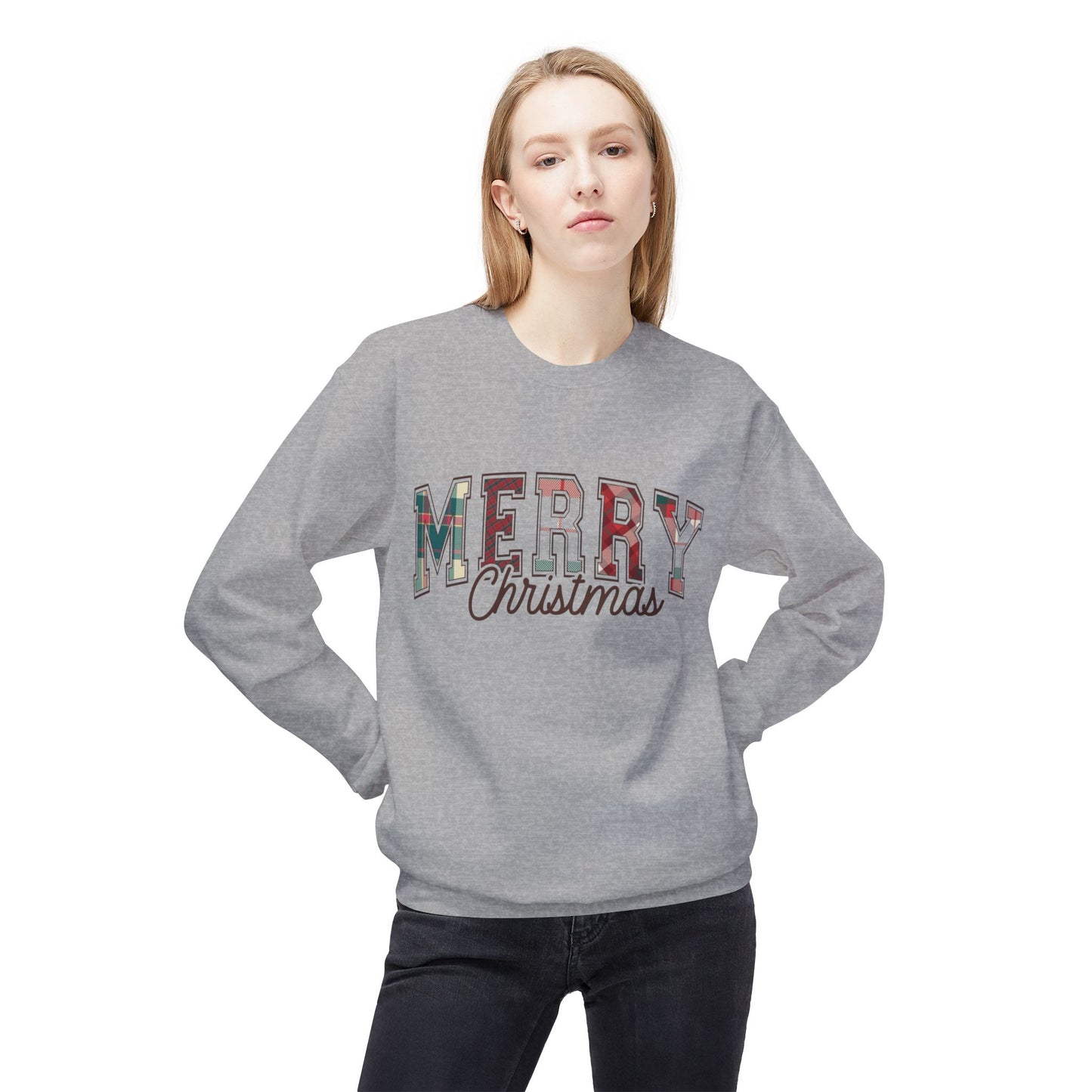Merry Christmas Plaid Sweater NEW Unisex Fleece Crewneck Sweatshirt