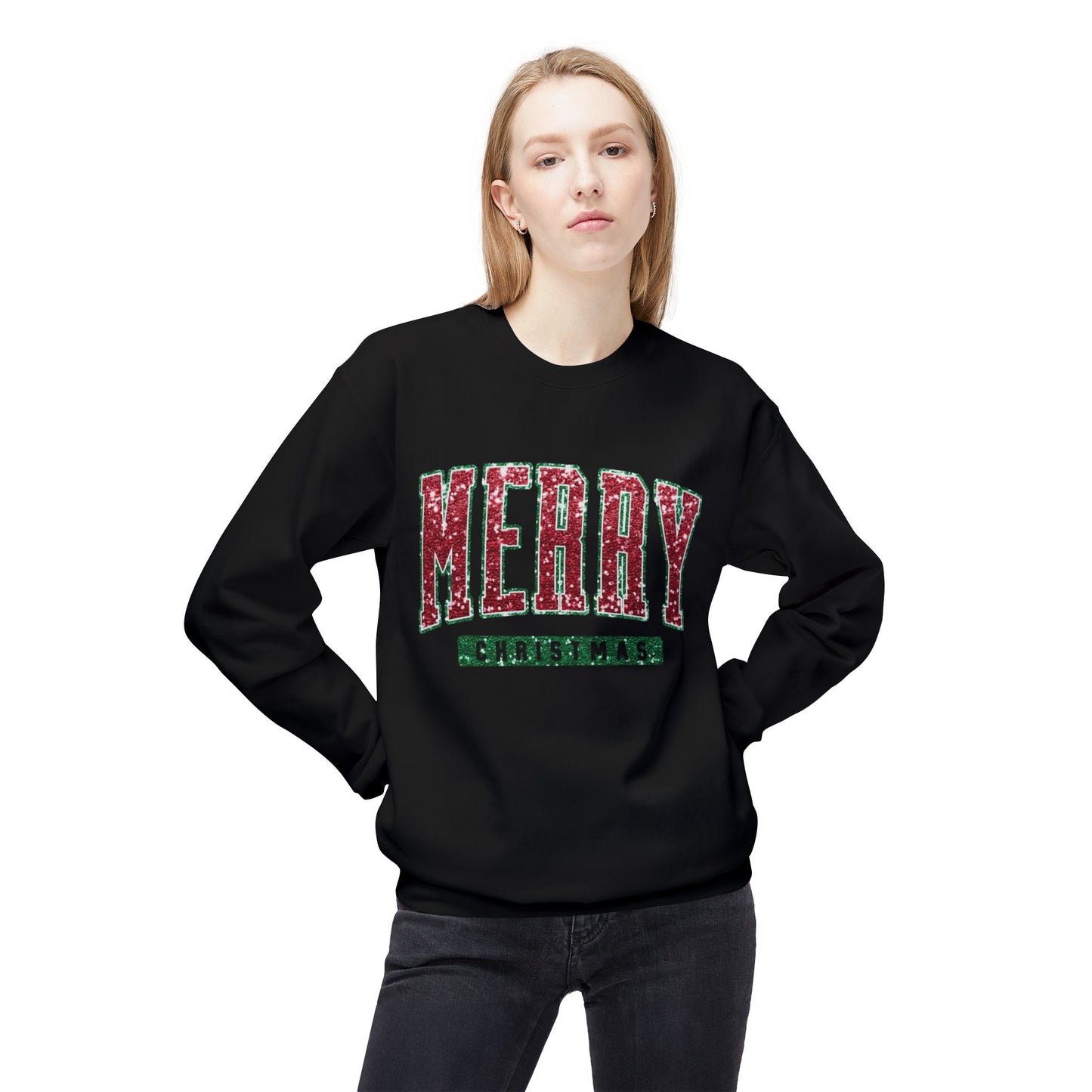 Merry Christmas Glitter Graphic Sweater NEW Unisex Fleece Crewneck Sweatshirt