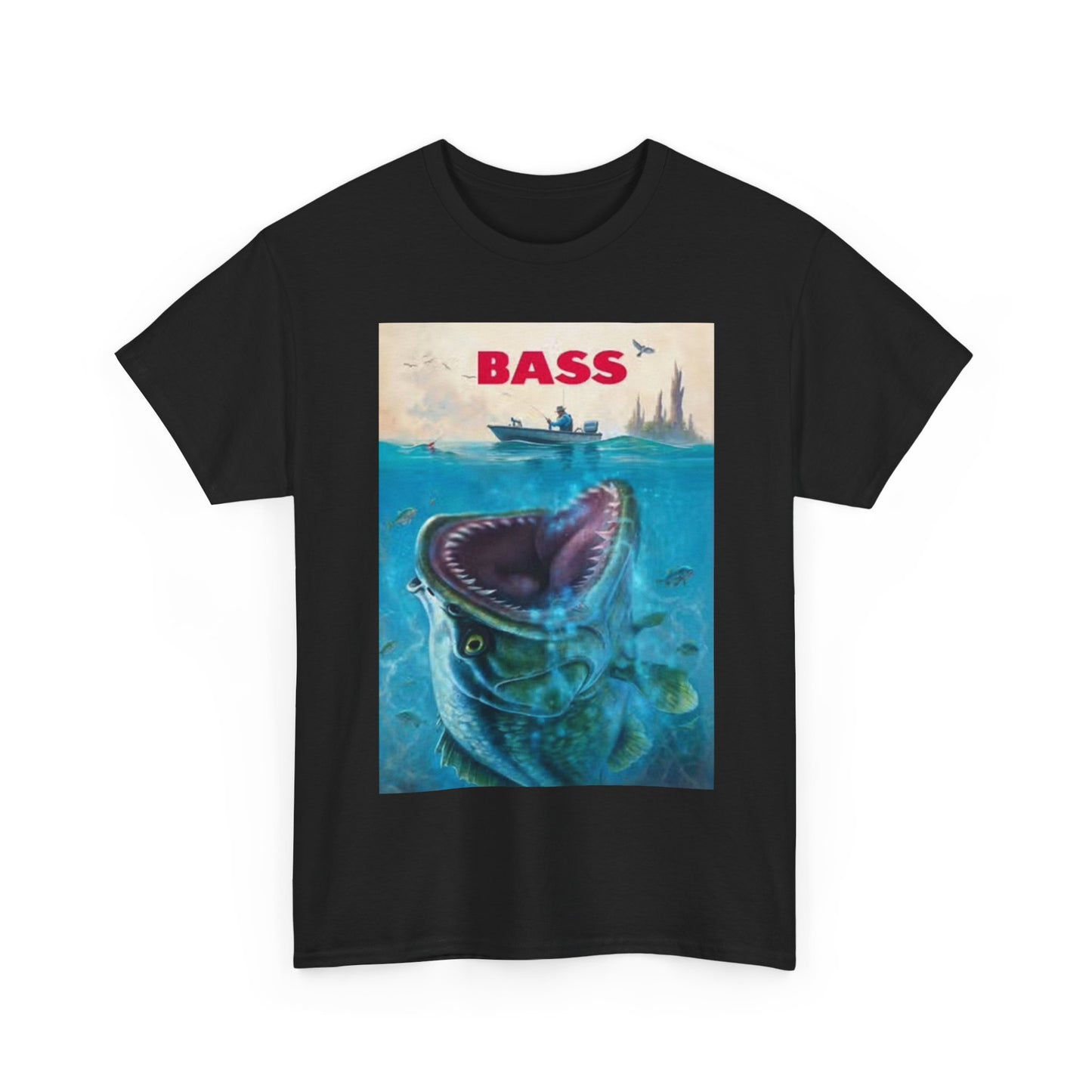 Bass Fishing Shirt Funny Jaws Movie Poster Outdoors Unisex Heavy Cotton Tee