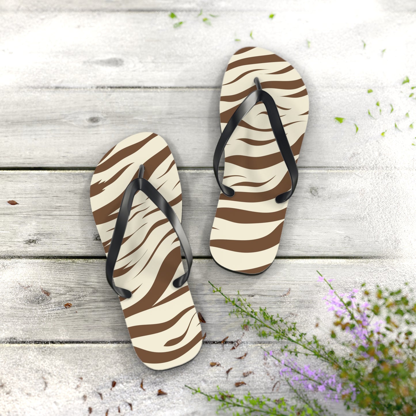Brown Zebra Print Beach Sandals, Slides for Summer, Flip Flops, Water Resistant