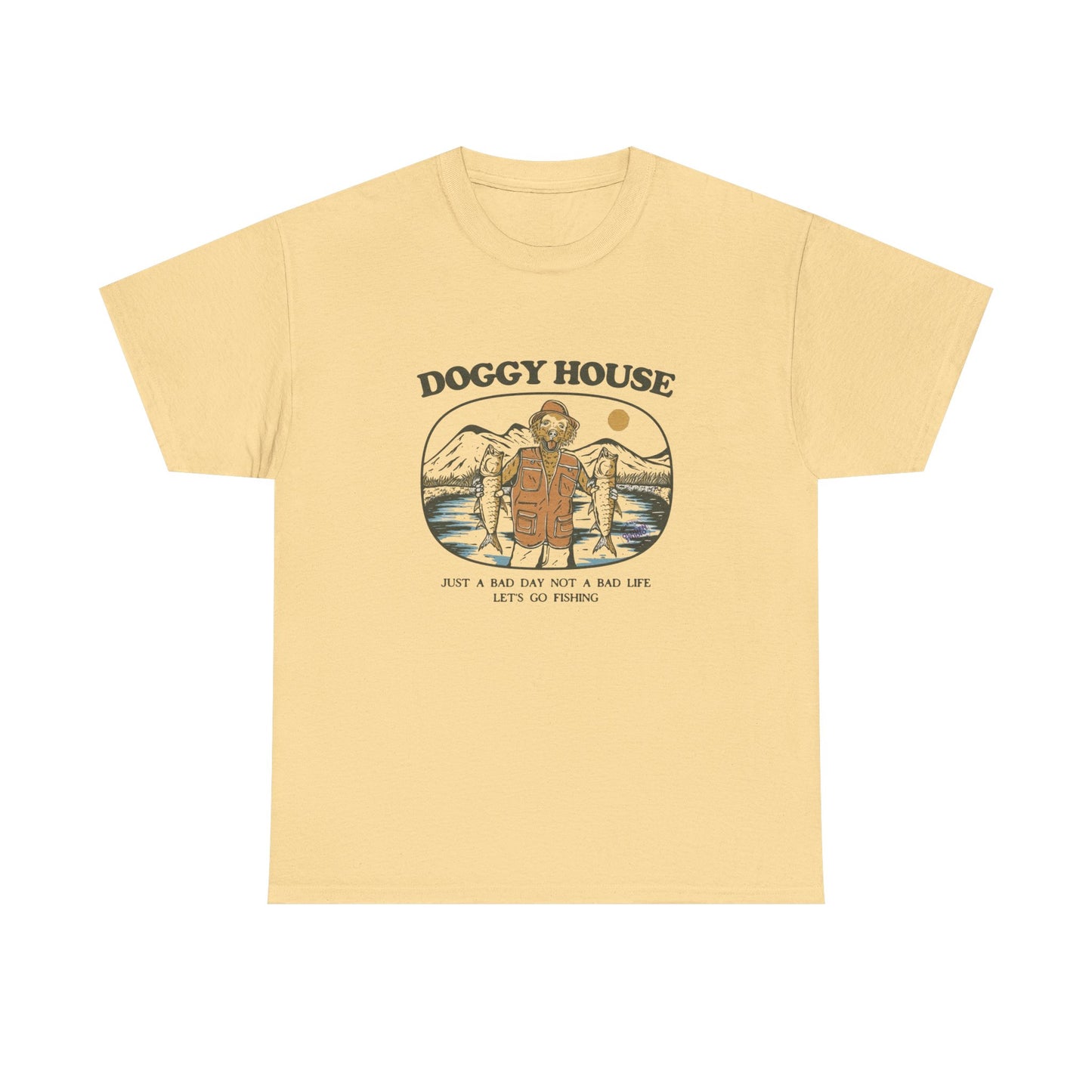 Doggy House Funny Fishing Graphic T Shirt Unisex Heavy Cotton Tee