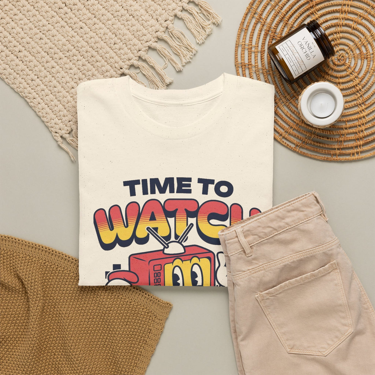 Time To Watch Tv Retro Graphic T Shirt Men's Heavy Cotton Tee