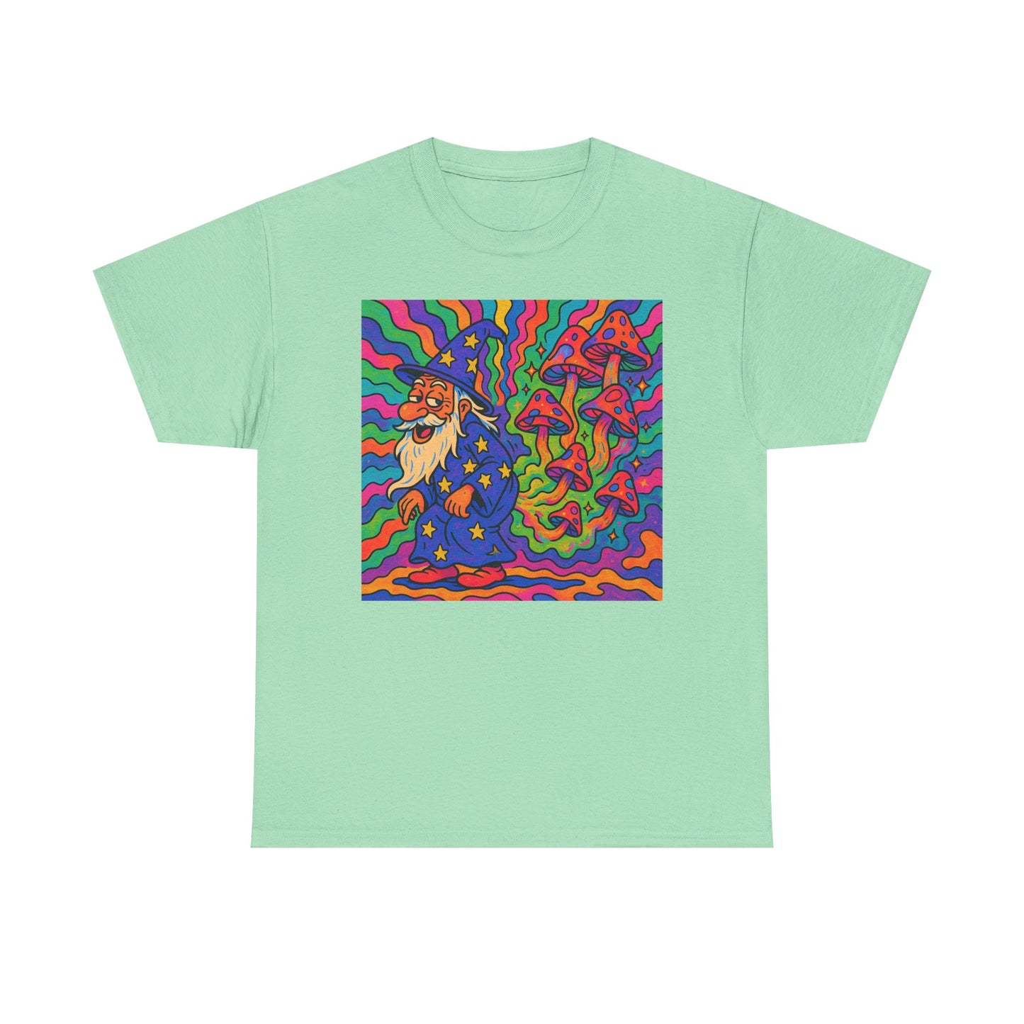 Wizard With Trippy Mushrooms Funny Graphic T Shirt Unisex Heavy Cotton Tee