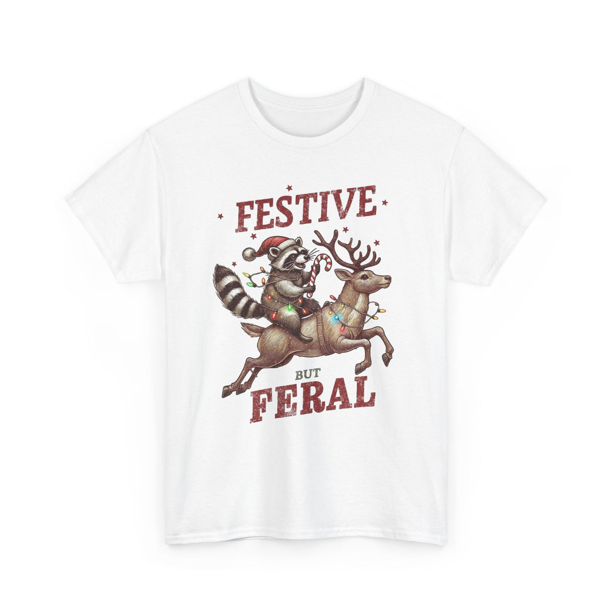 Festive but Feral Raccoon Riding Reindeer Christmas T-Shirt Men's Graphic Tee