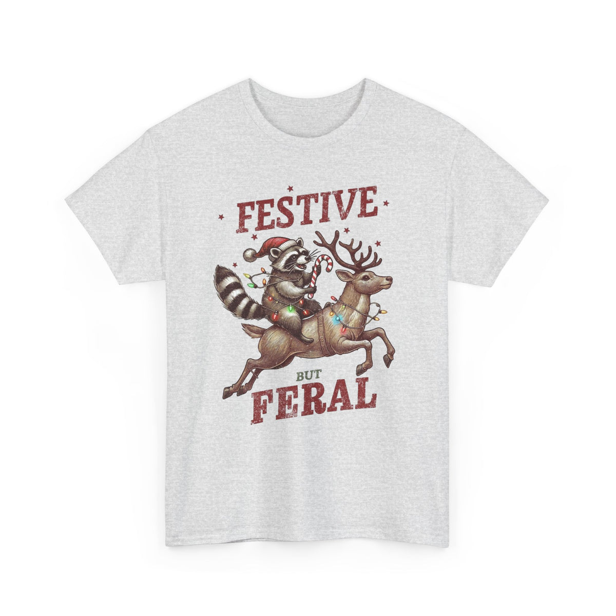 Festive but Feral Raccoon Riding Reindeer Christmas T-Shirt Men's Graphic Tee