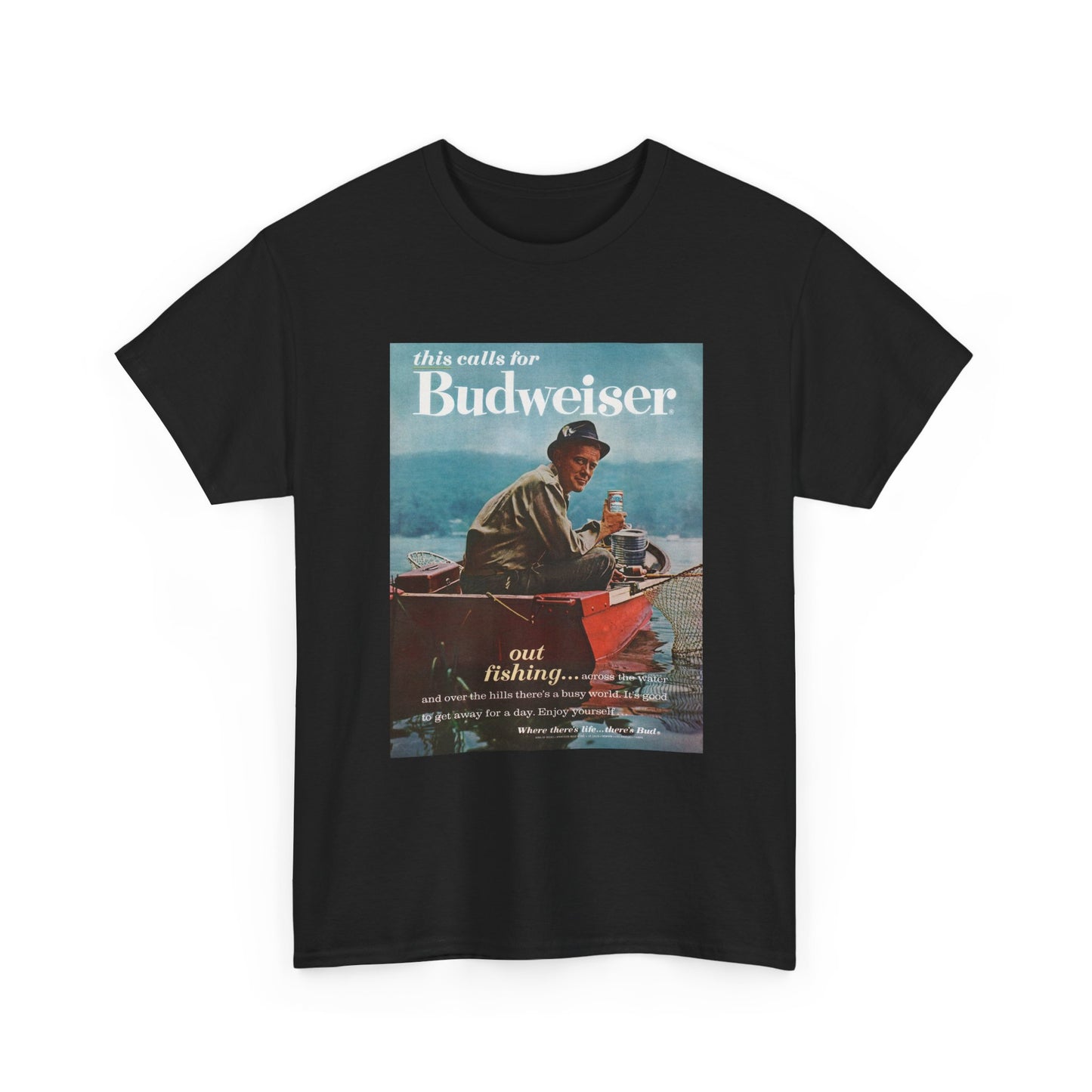 Bud Beer T-shirt vintage fishing poster outdoors country Unisex Heavy Cotton