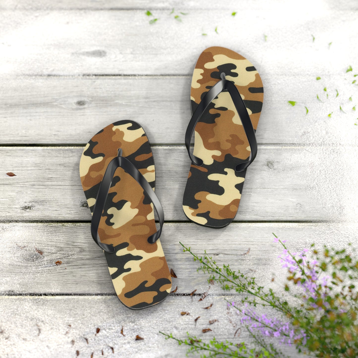 Waves And Sun Sandals Tan Camo Print Summer Flip Flops Slides BRAND NEW