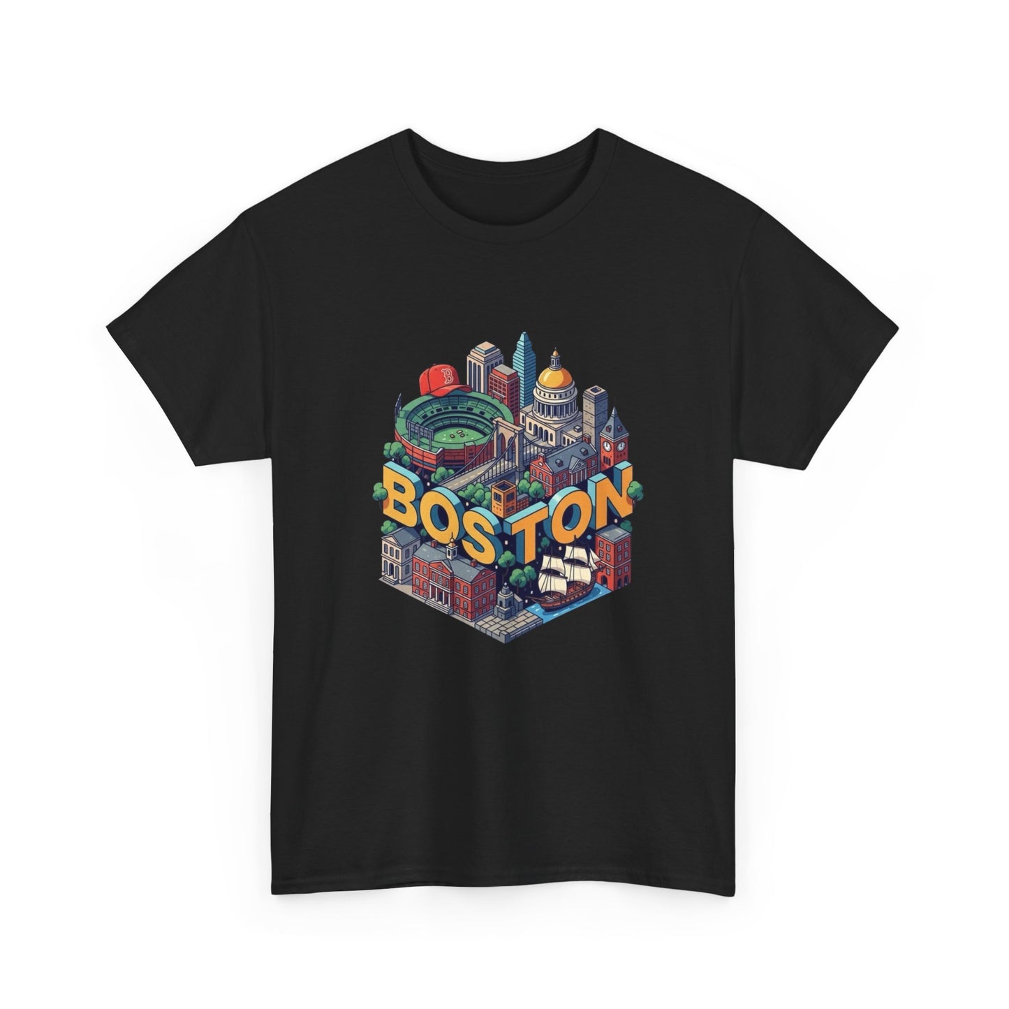Boston Mass landmarks Retro Graphic T Shirt NEW GIFT Unisex Heavy Cotton Tee