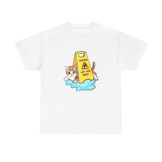 Caution Wet Ass Pussy Funny Cats Graphic T-Shirt Comfy Cotton Tee Brand NEW