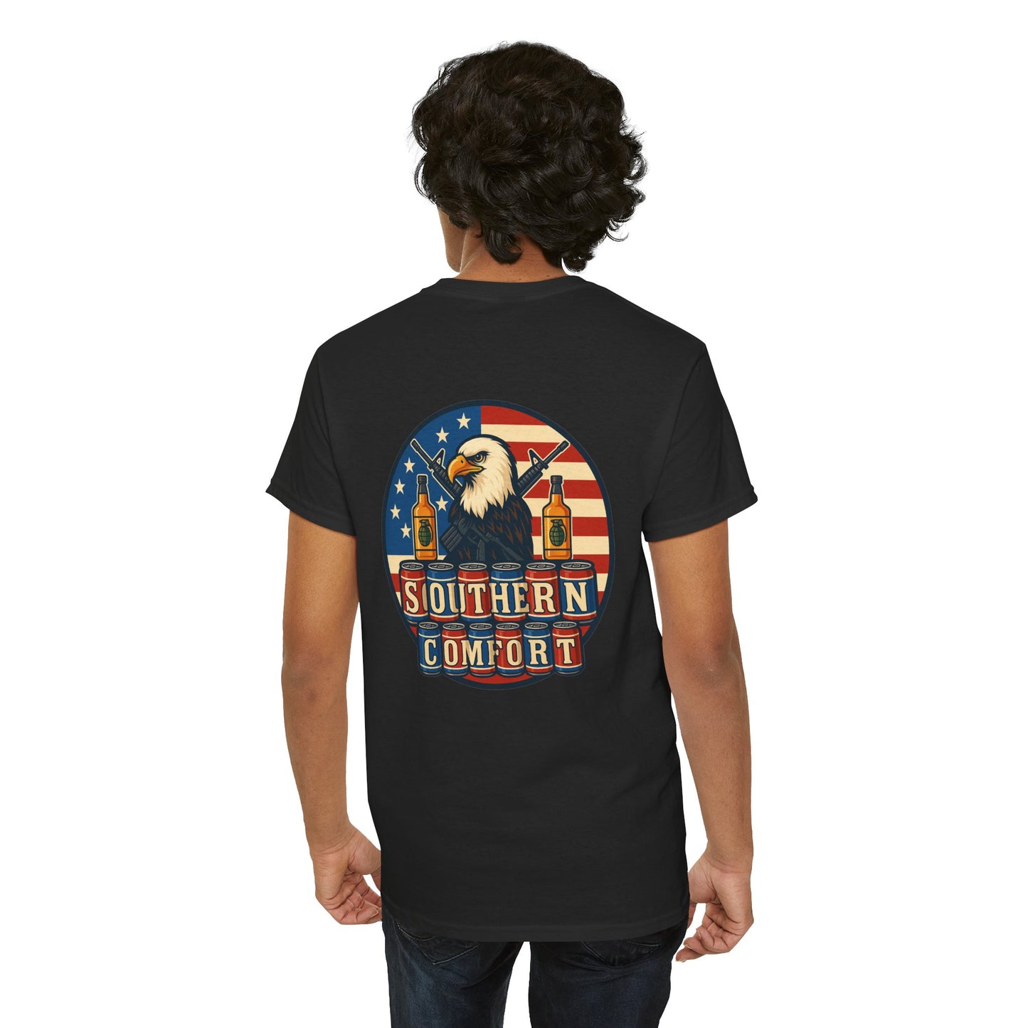 Southern Comfort Graphic T Shirt American Flag-USA-Bald Eagle-Beers-Guns-Whiskey