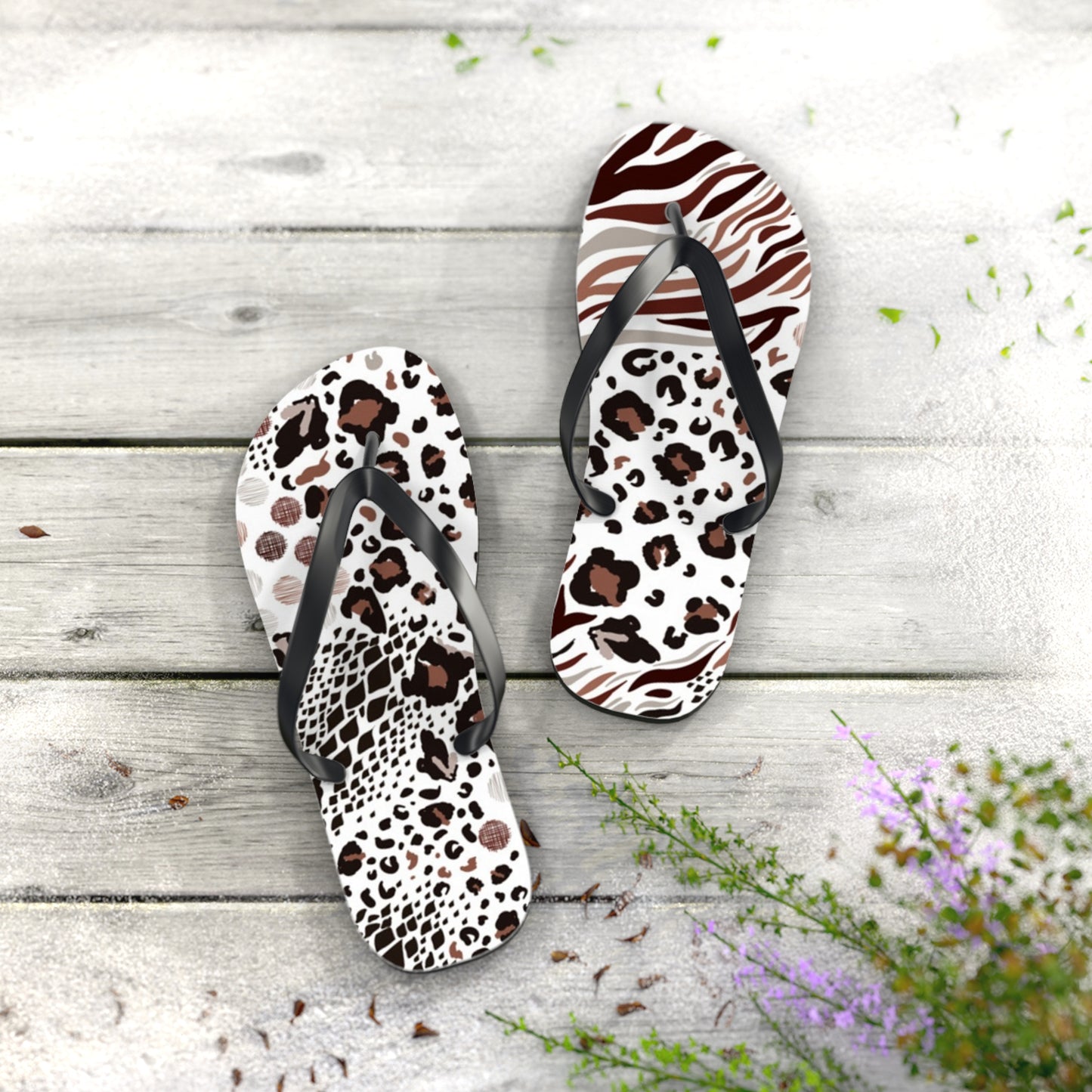 Mixed Animal Print Beach Sandals, Slides for Summer, Flip Flops, Water Resistant