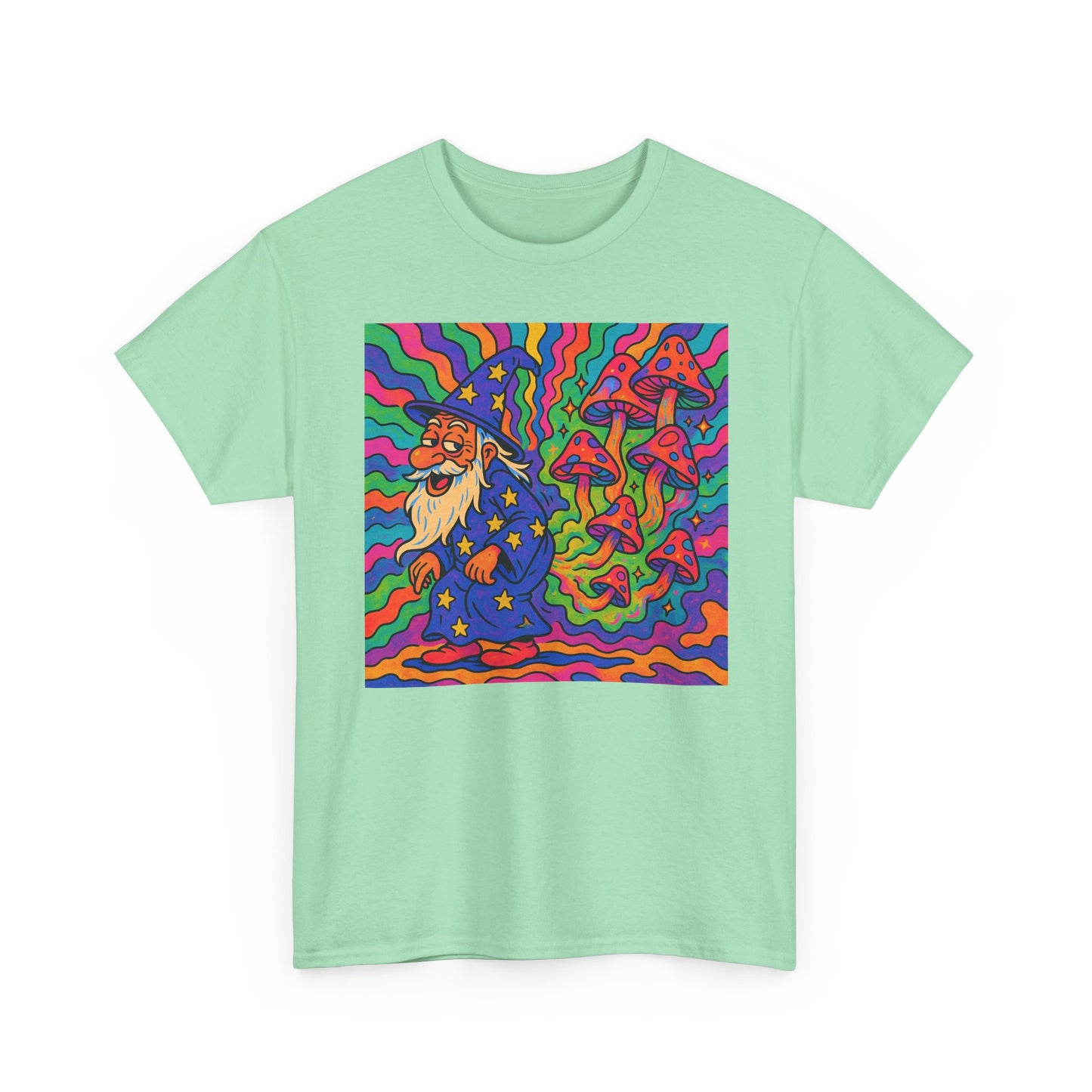 Wizard With Trippy Mushrooms Funny Graphic T Shirt Unisex Heavy Cotton Tee
